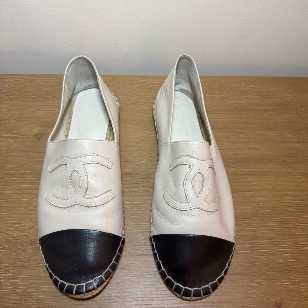 Chanel Leather Espadrilles – White/Black Cap Toe – Size 39